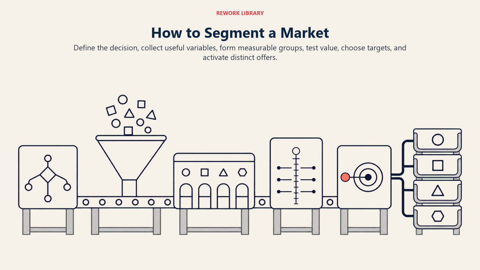 Six-stage market segmentation process from research to targeted offers