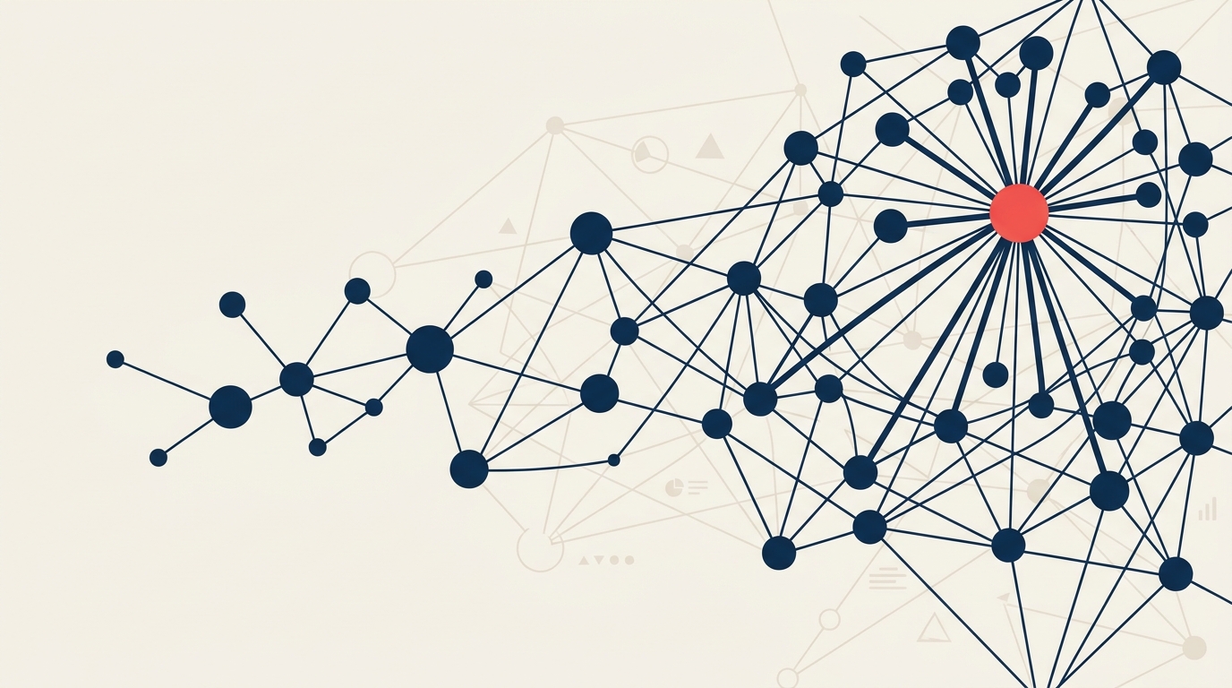 Growing network of connected users showing network effects increasing value