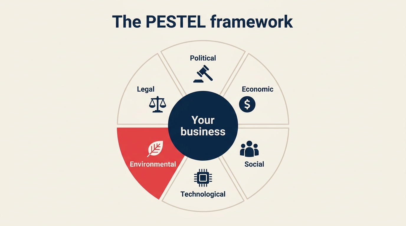 PESTEL framework wheel: political, economic, social, technological, environmental, legal factors around a central business
