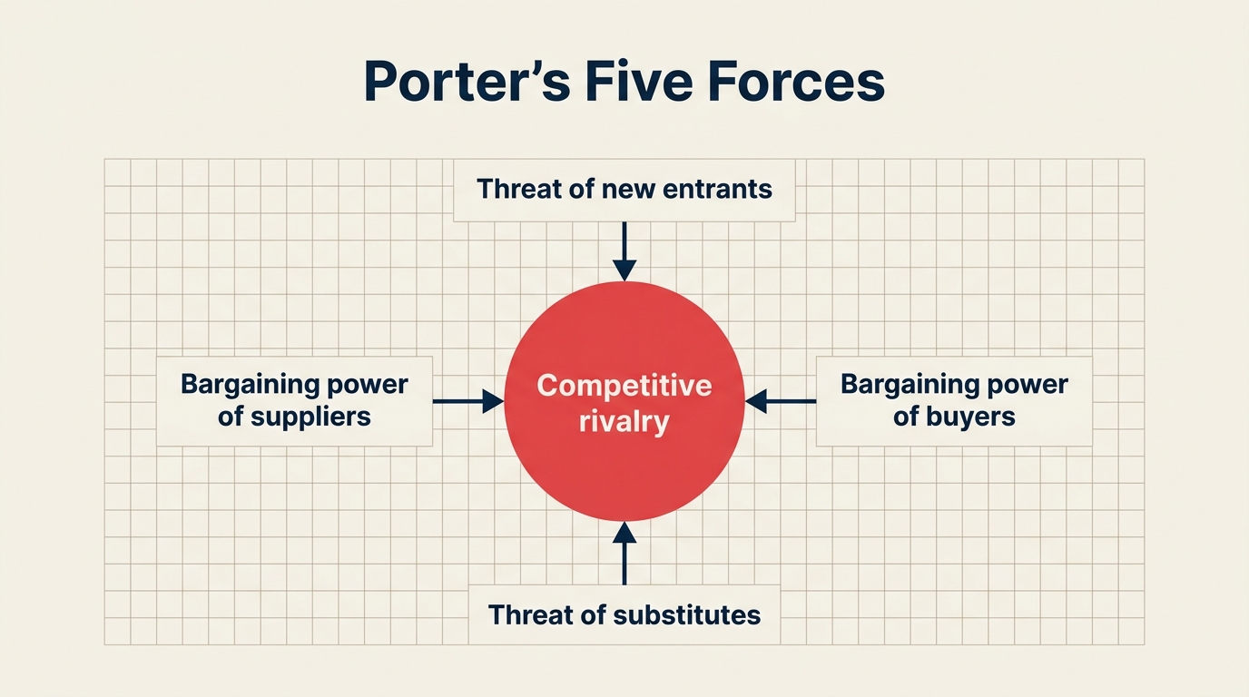 Porter's Five Forces diagram: rivalry in the center, supplier power, buyer power, threat of new entrants, threat of substitutes around it