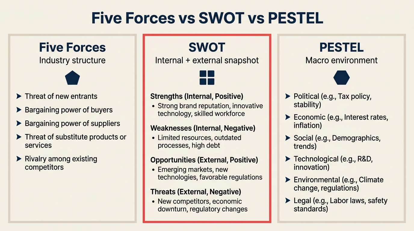 Porter's Five Forces vs SWOT vs PESTEL: external structure vs internal/external scan vs macro environment