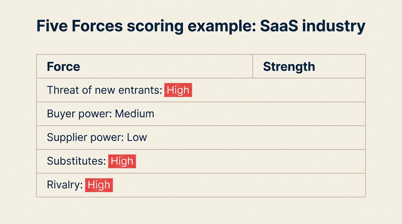 Porter's Five Forces scoring grid example: SaaS industry with each force rated low / medium / high