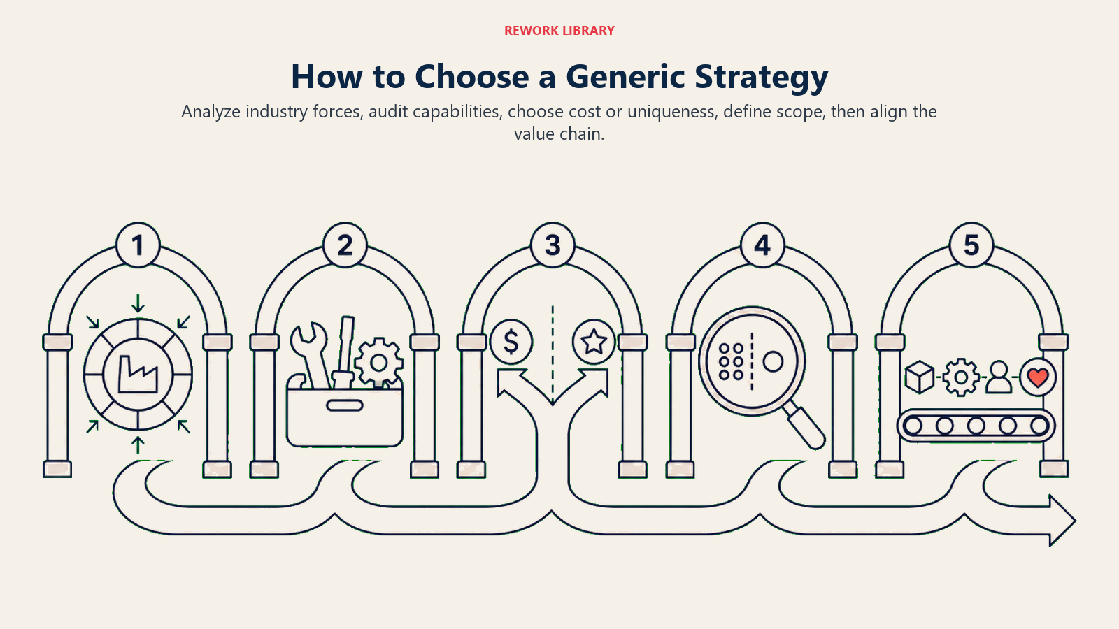 How to Choose a Generic Strategy: Decision gates communicate that each step narrows toward one coherent position.
