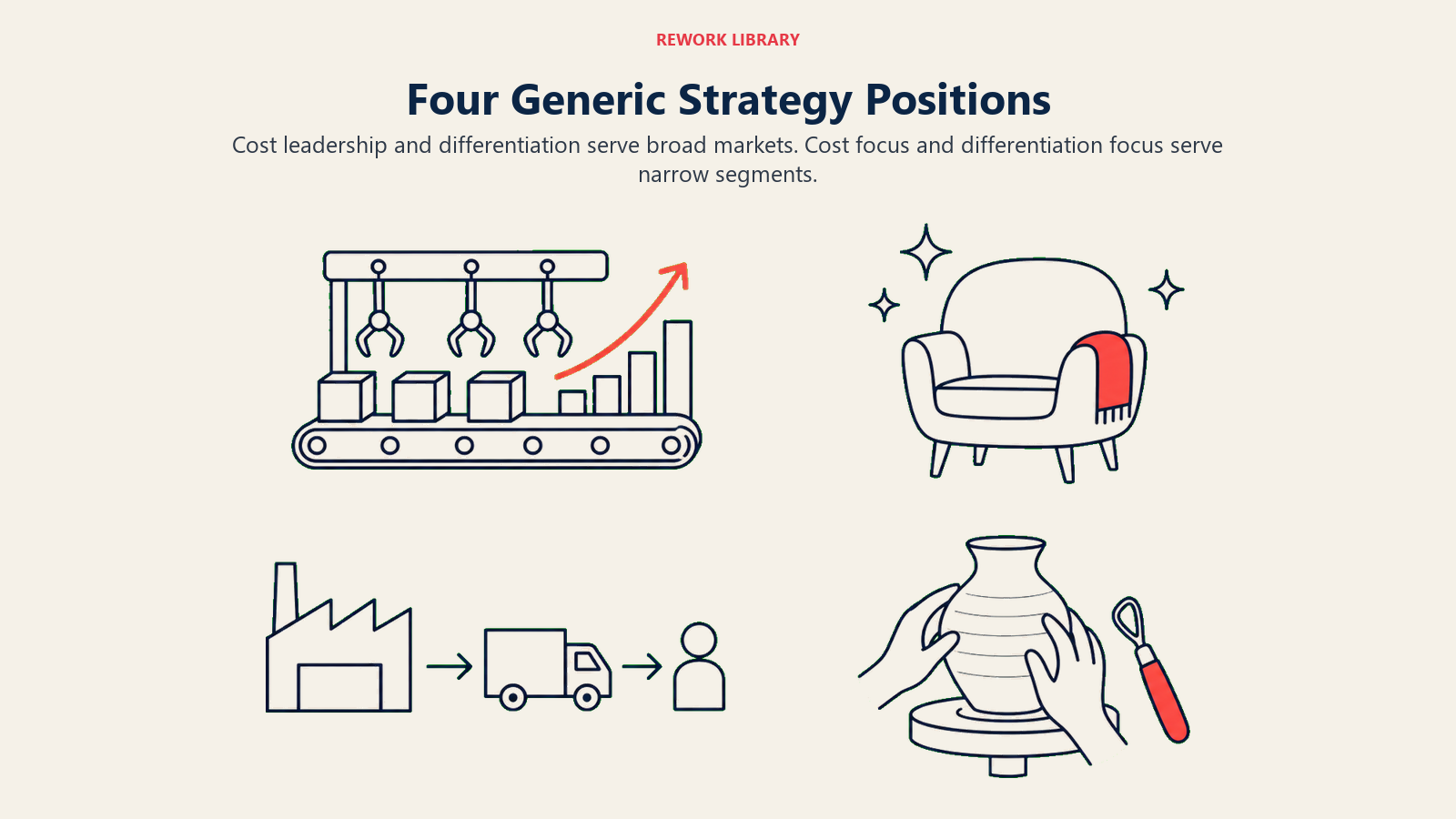 Four Generic Strategy Positions: Four distinct arenas show that advantage type and scope must align.