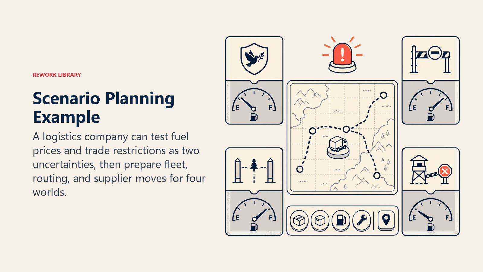 Scenario Planning Example shown as logistics control table with four future map windows