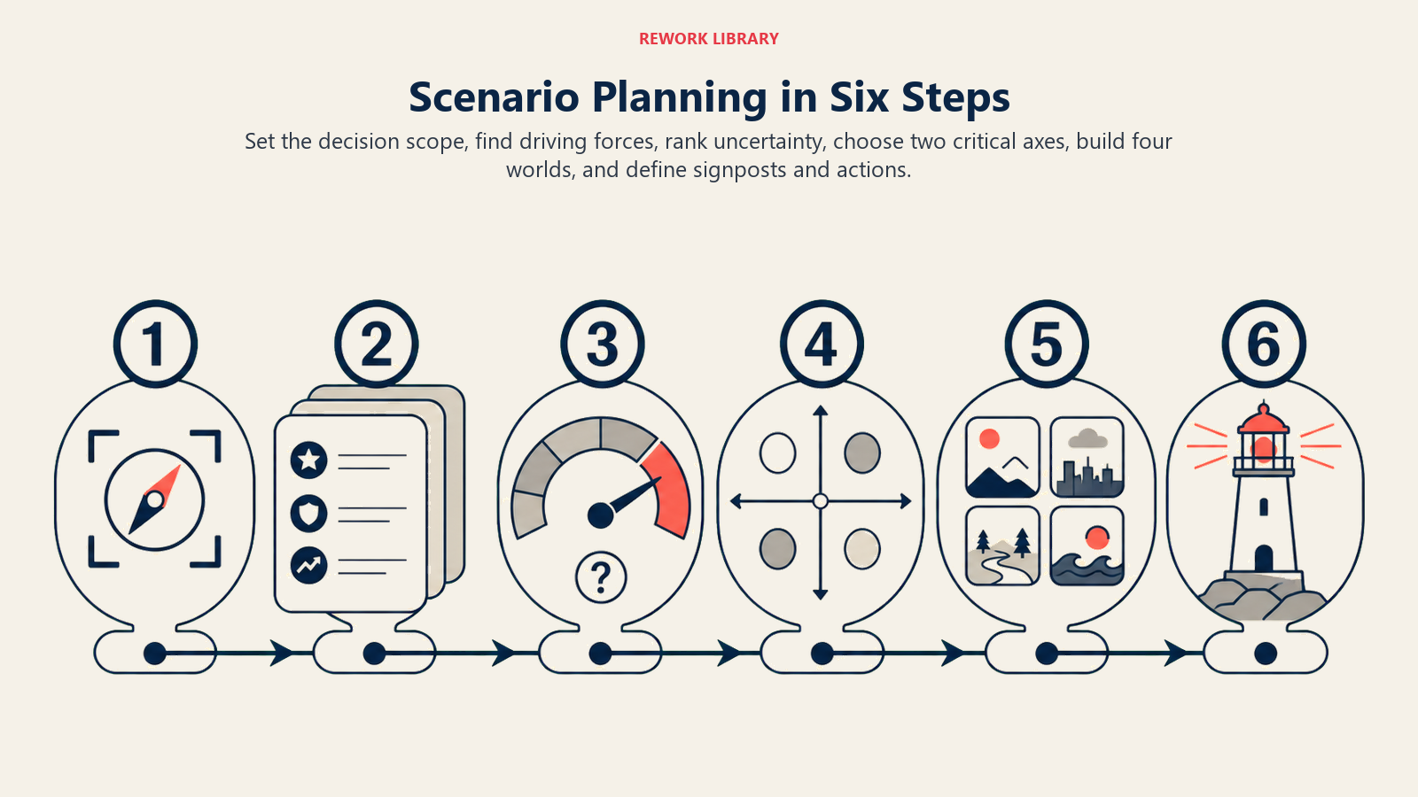 Scenario Planning in Six Steps shown as six-stage uncertainty-to-action route