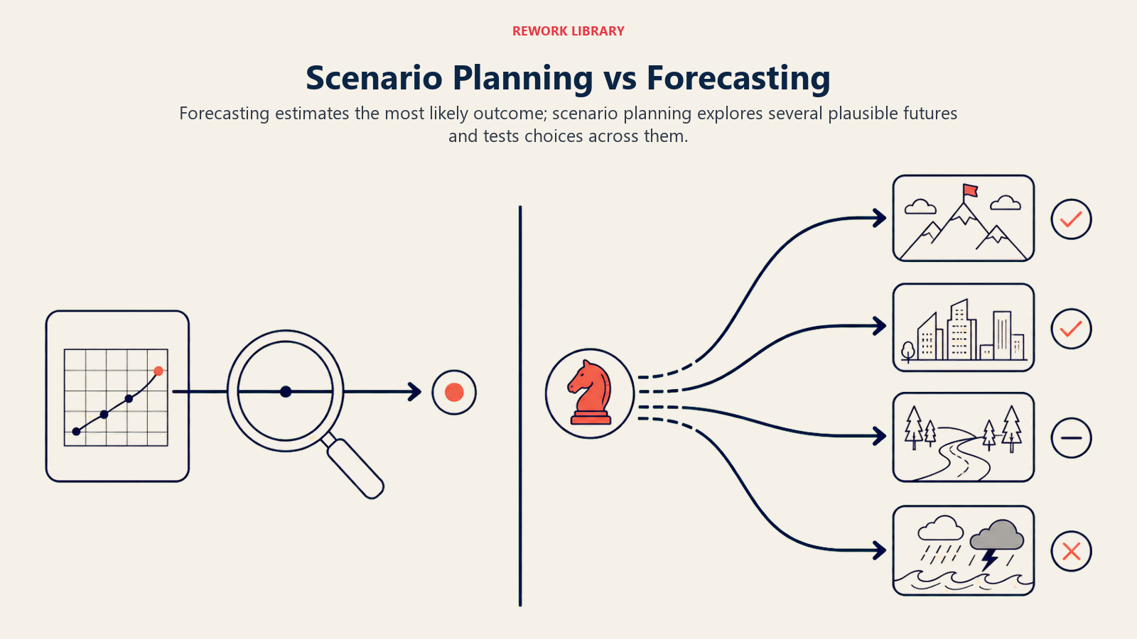 Scenario Planning vs Forecasting shown as single projection line versus four branching worlds