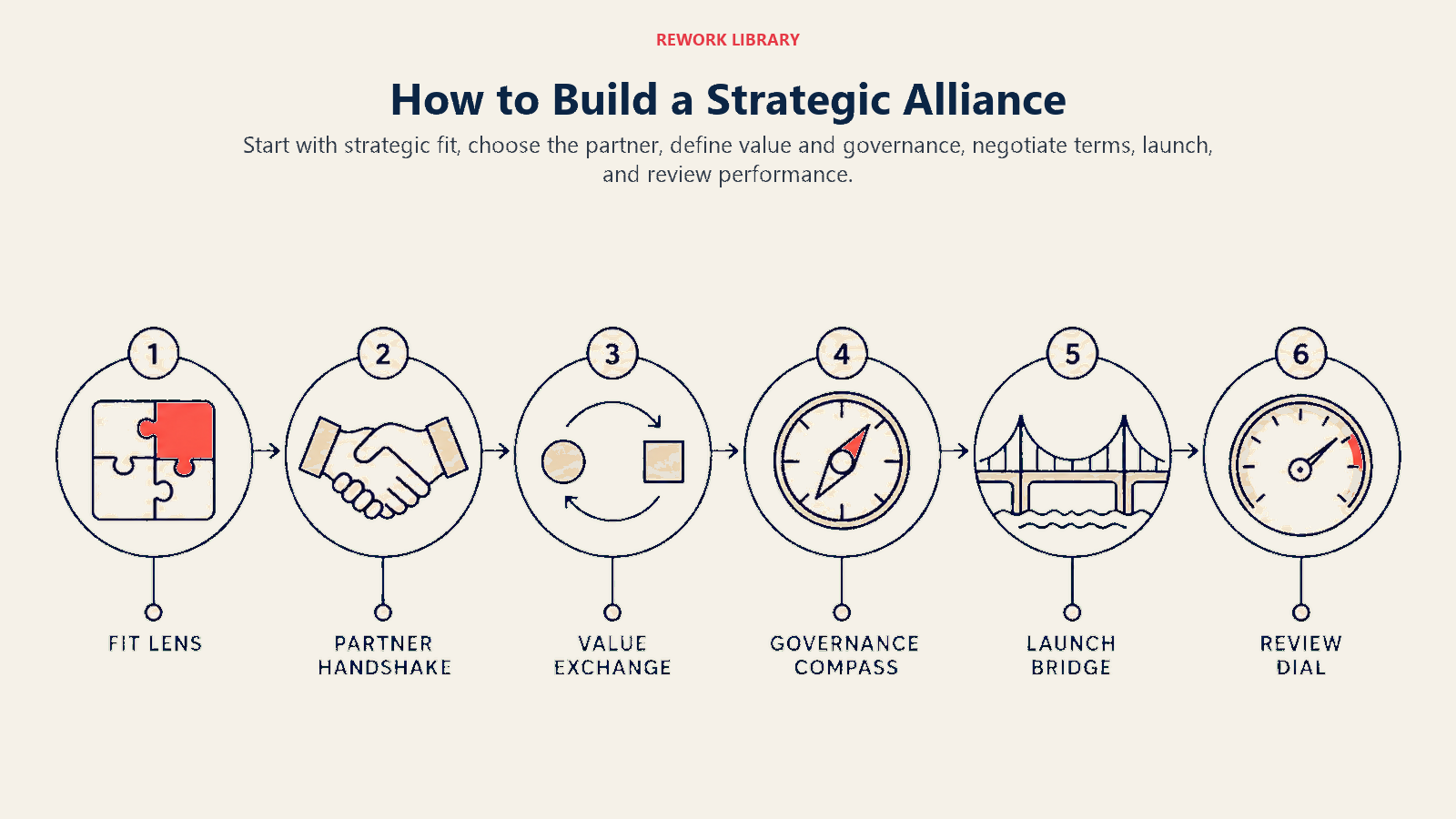 How to Build a Strategic Alliance illustrated with a wide six-gate alliance route with fit lens, partner handshake icon, value exchange, governance compass, launch bridge, and review dial