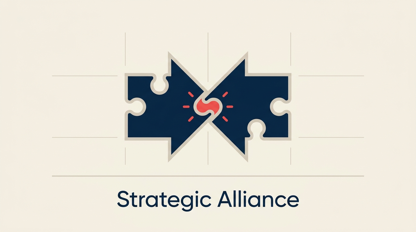 Strategic alliance between two companies shown as interlocking shapes