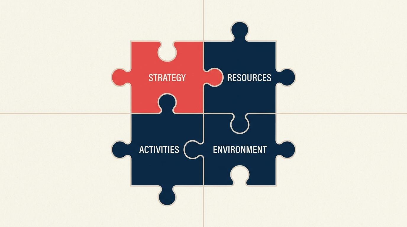 Strategic fit diagram showing interlocking puzzle pieces labeled Strategy, Resources, Activities, and Environment