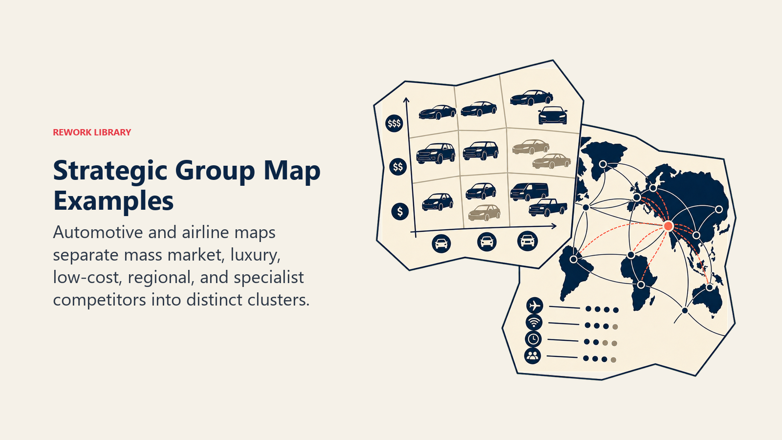 Automotive and airline strategic group map examples with distinct competitor clusters