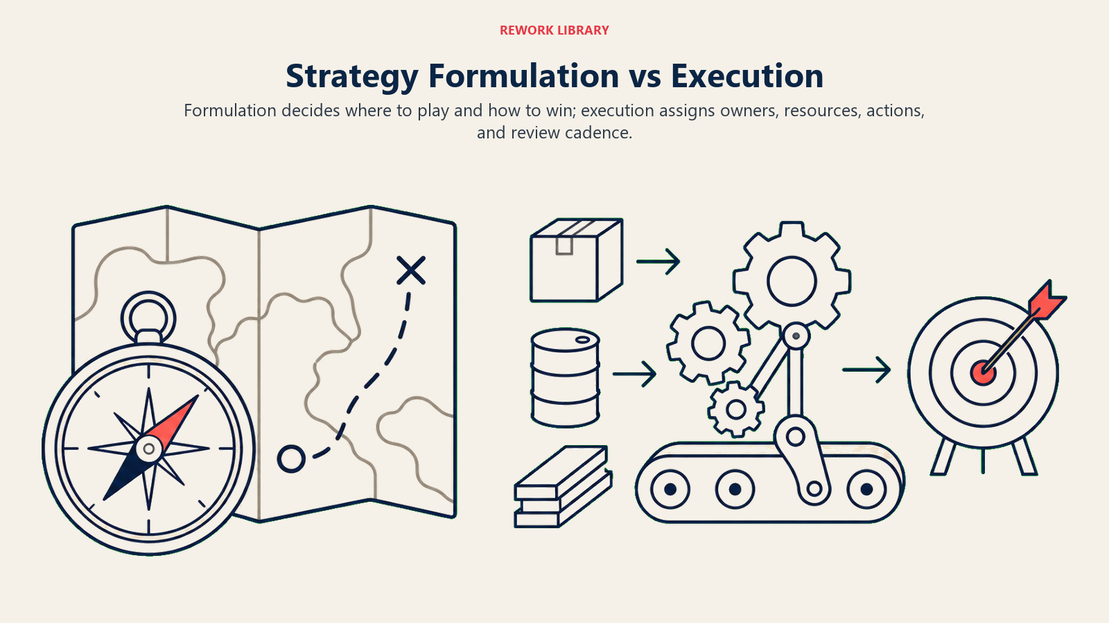 Strategy Formulation vs Execution shown as compass and map versus moving delivery system.