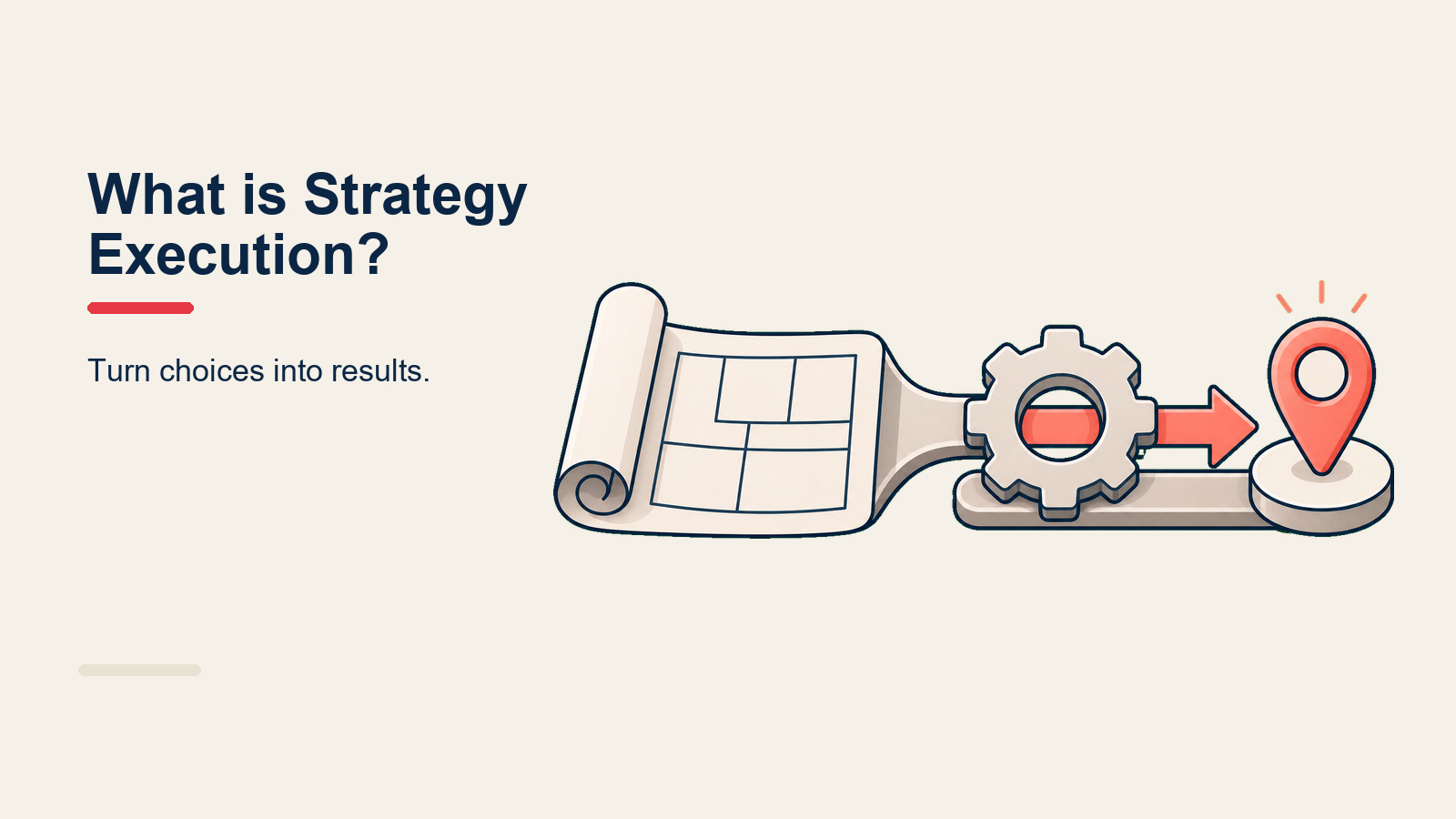 Strategy execution concept showing a strategy document connected by an arrow to a gear-and-checklist, illustrating the path from plan to results