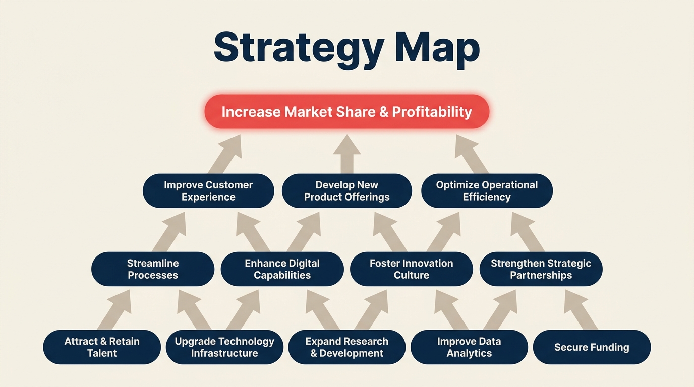 Strategy map with four perspective layers linked by cause and effect arrows
