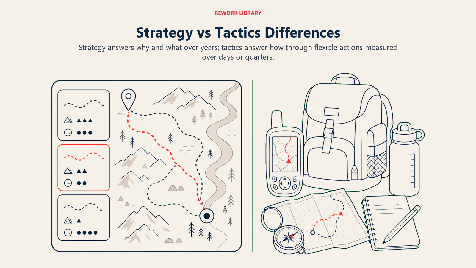 Strategy vs Tactics Differences shown as high-altitude map versus ground tools.
