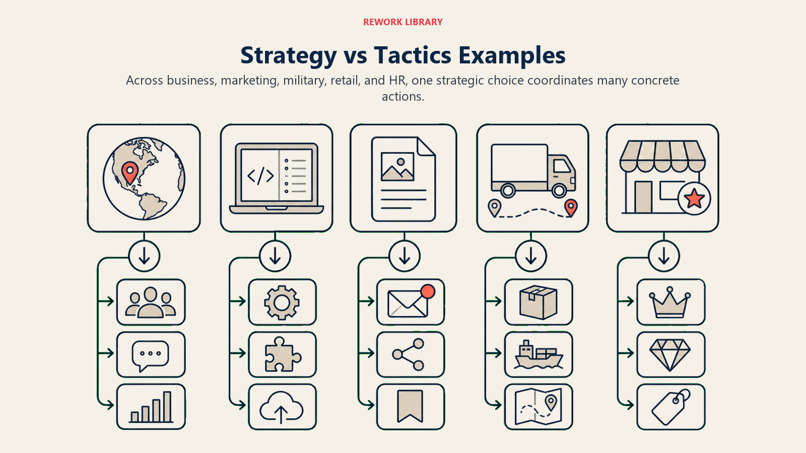 Strategy vs Tactics Examples shown as five contexts sharing direction-to-action pattern.