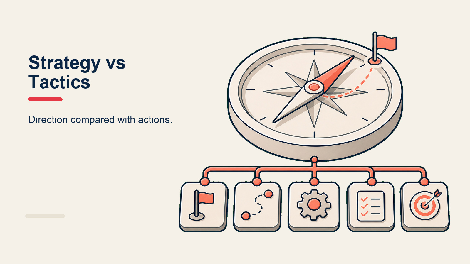 Strategy vs tactics comparison infographic with chess king icon for strategy and gear icon for tactics