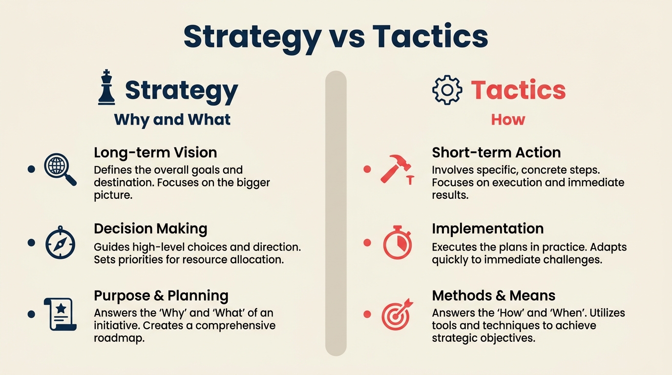 Strategy vs tactics comparison infographic with chess king icon for strategy and gear icon for tactics