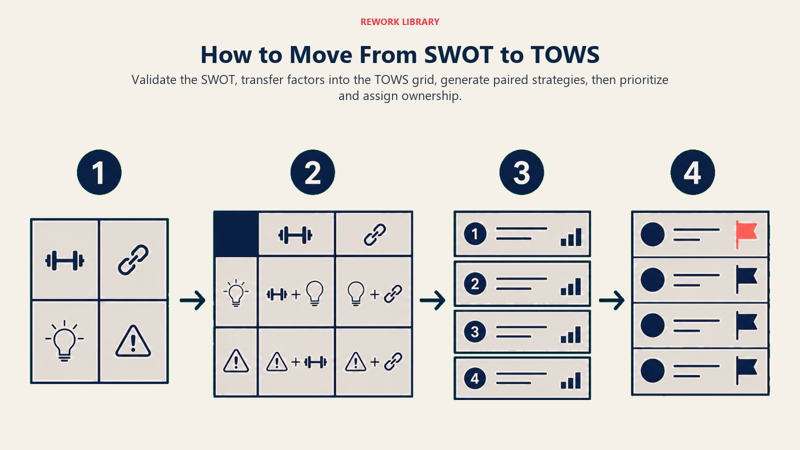 Four-step process for moving from SWOT analysis to prioritized TOWS strategies