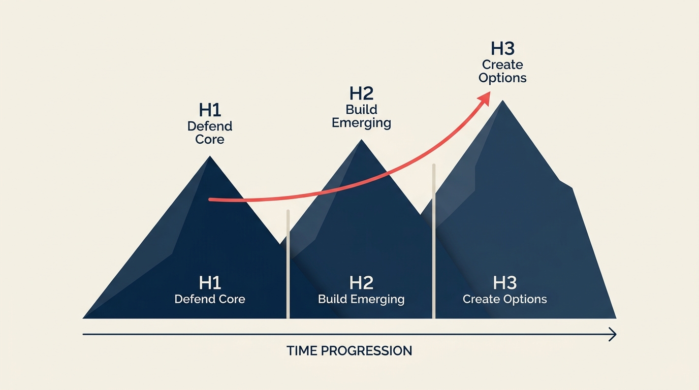Three horizons of growth model showing core emerging and future business