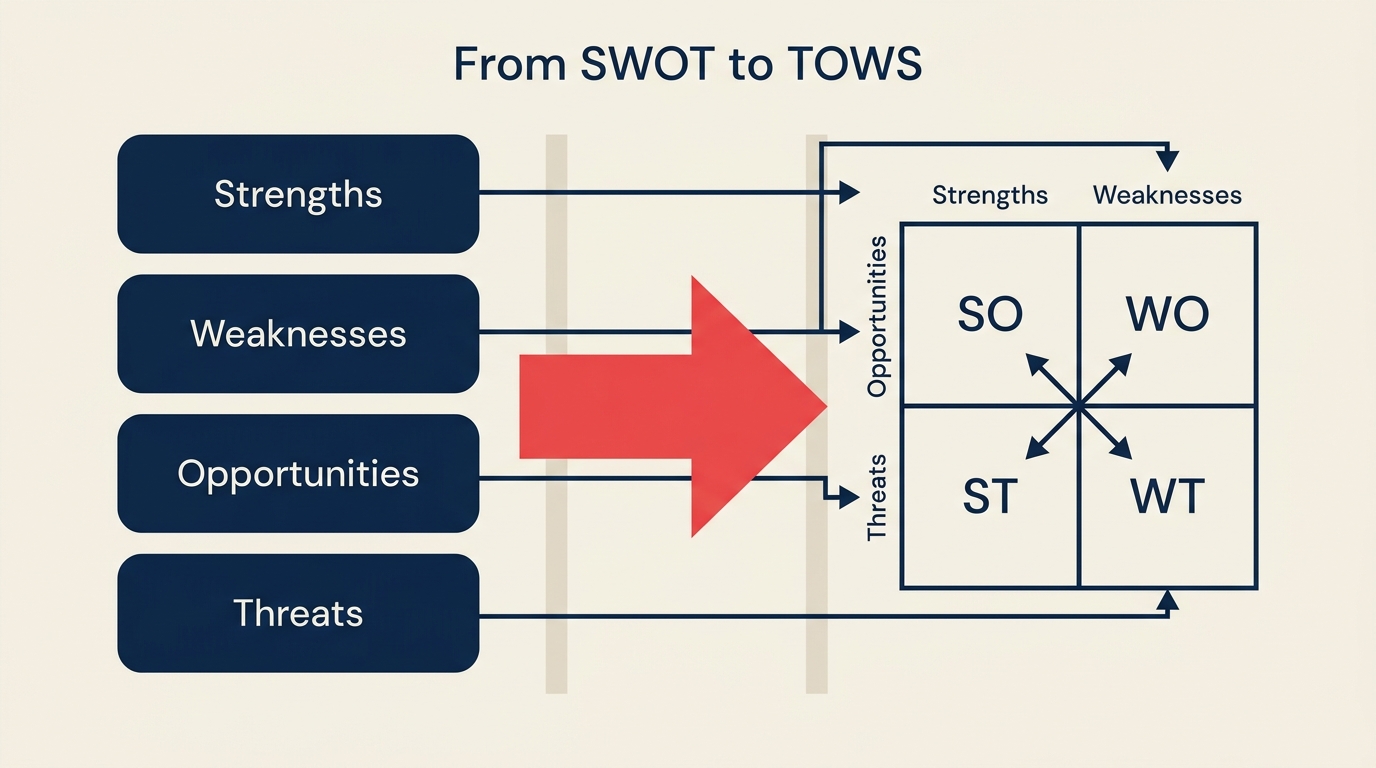 How a SWOT analysis feeds into the TOWS matrix