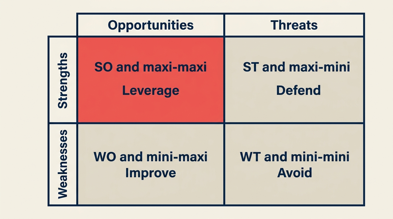 The four TOWS strategies: SO, WO, ST, WT quadrants