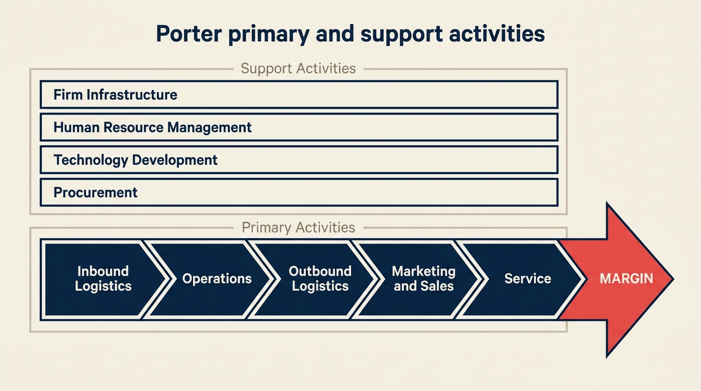 Porter's value chain with five primary activities and four support activities flowing toward margin