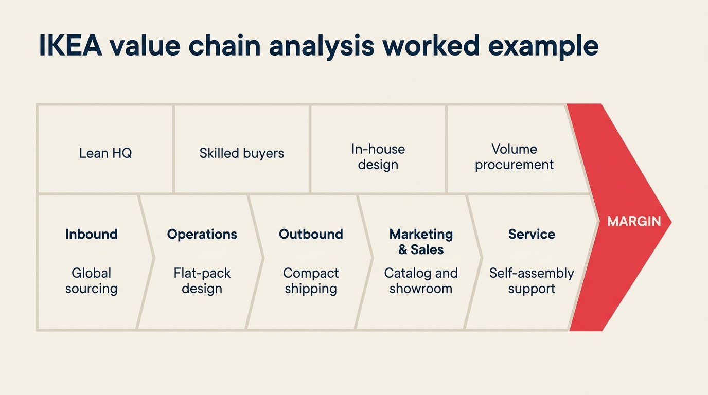 Worked IKEA value chain analysis showing flat-pack design and self-service retail as differentiation sources