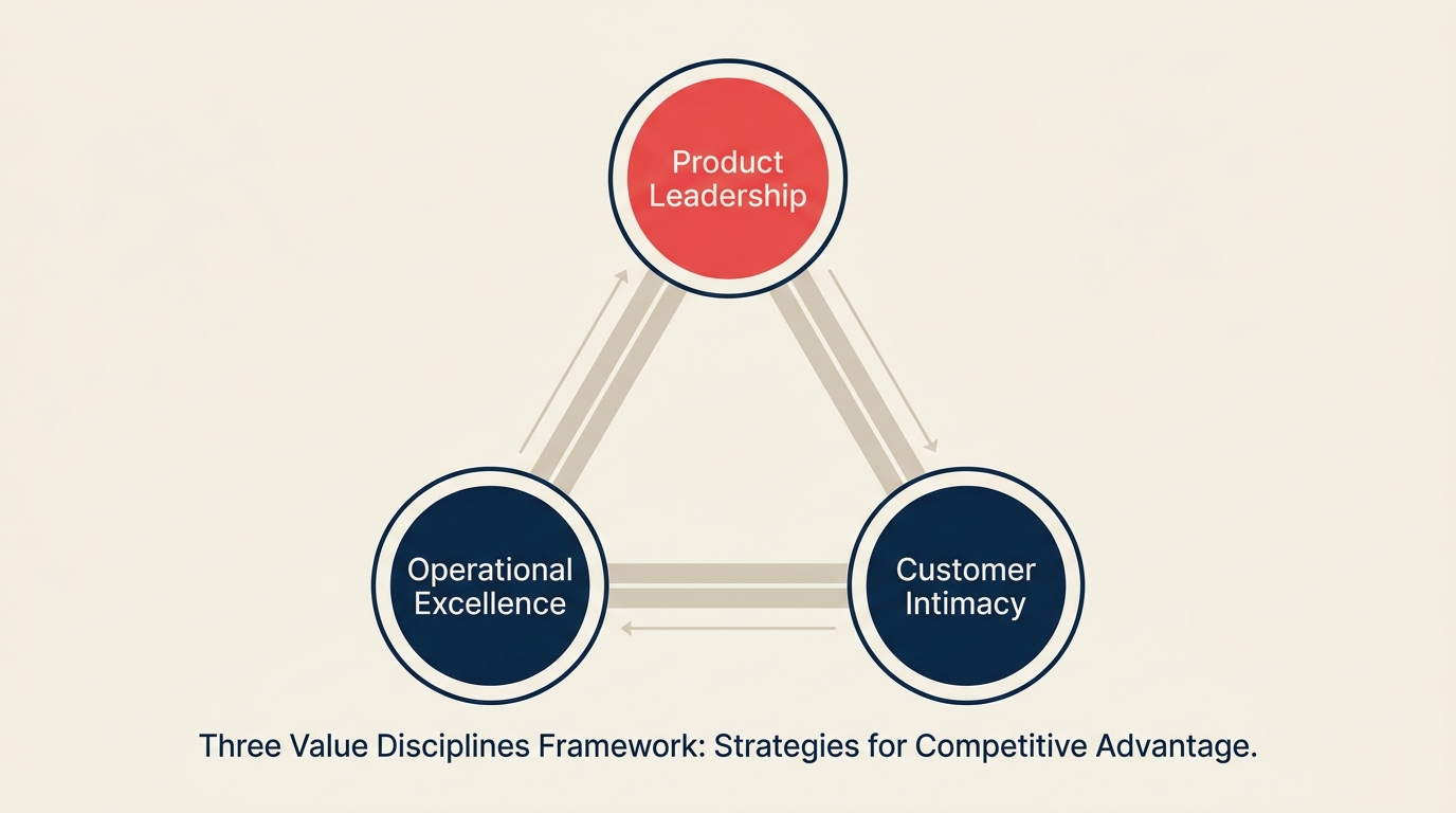 Value disciplines framework triangle showing Operational Excellence, Product Leadership, and Customer Intimacy