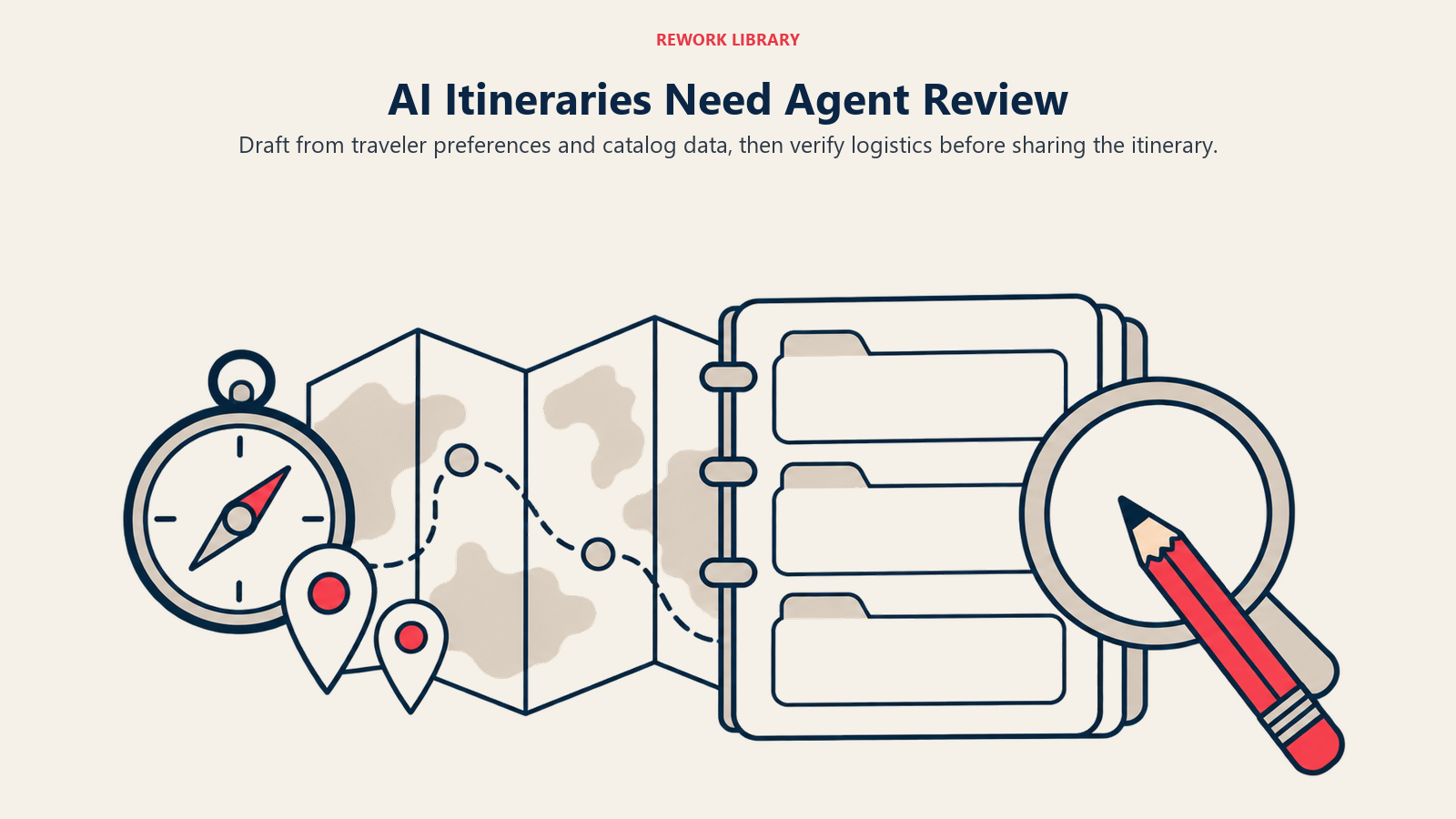 AI Itineraries Need Agent Review: Draft from traveler preferences and catalog data, then verify logistics before sharing the itinerary.