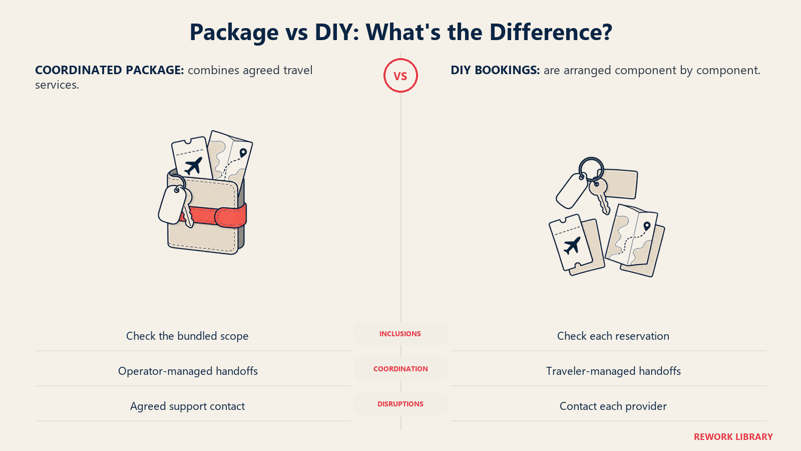 Package vs DIY: What's the Difference: A coordinated package and separate bookings distribute planning and disruption handling differently.
