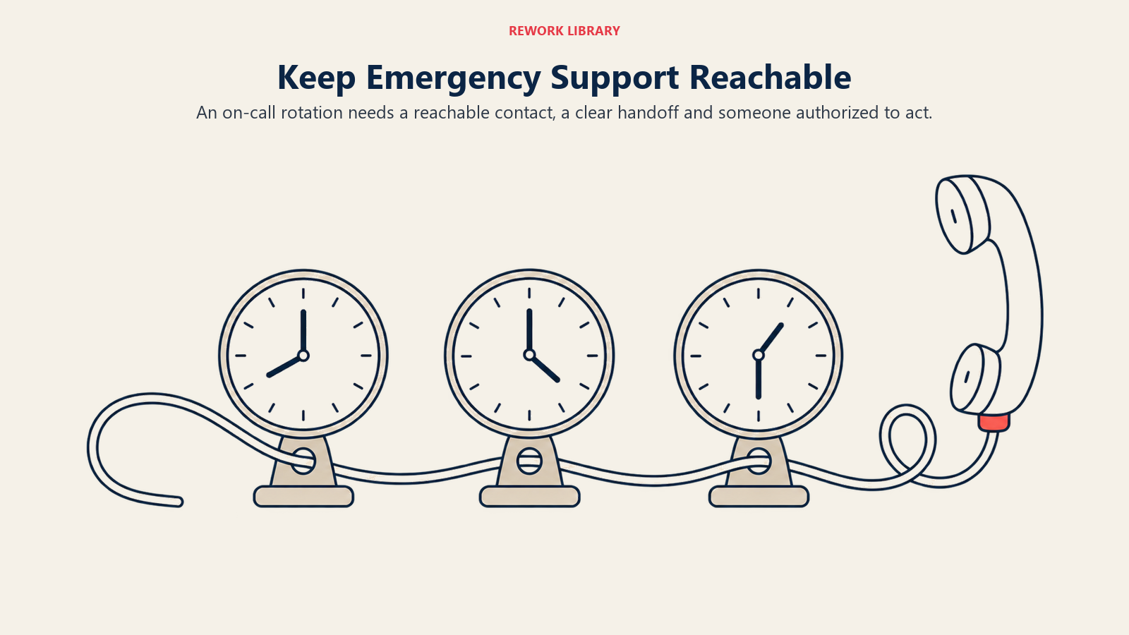 Keep Emergency Support Reachable: Availability without decision authority merely adds delay; time-zone handoffs must retain ownership.