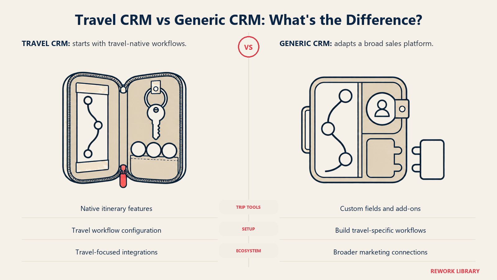 Travel CRM vs Generic CRM: What's the Difference: Travel-built CRMs supply native travel workflows while generic CRMs trade setup work for wider integration flexibility.