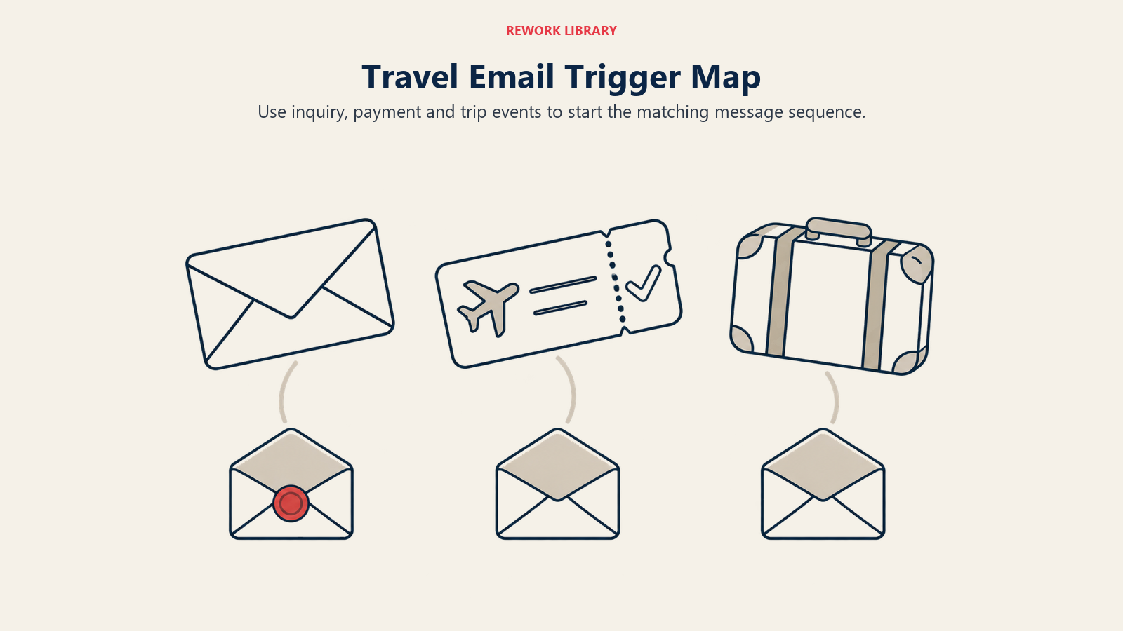 Travel Email Trigger Map illustrated through event-message pairs to show use inquiry, payment and trip events to start the matching message sequence.
