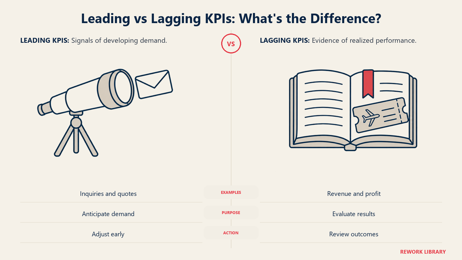 Leading vs Lagging KPIs: What's the Difference? illustrated by telescope and record book, showing inquiries and quote volume provide early signals while revenue and profit confirm outcomes.