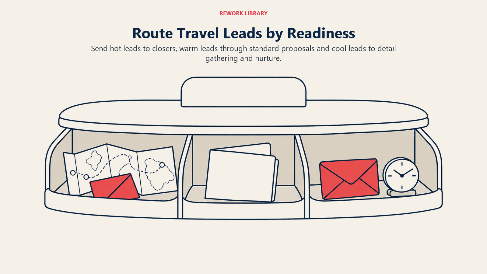 Route Travel Leads by Readiness illustrated by three-bay inquiry sorter, showing qualification tiers should determine a specific owner and next action.