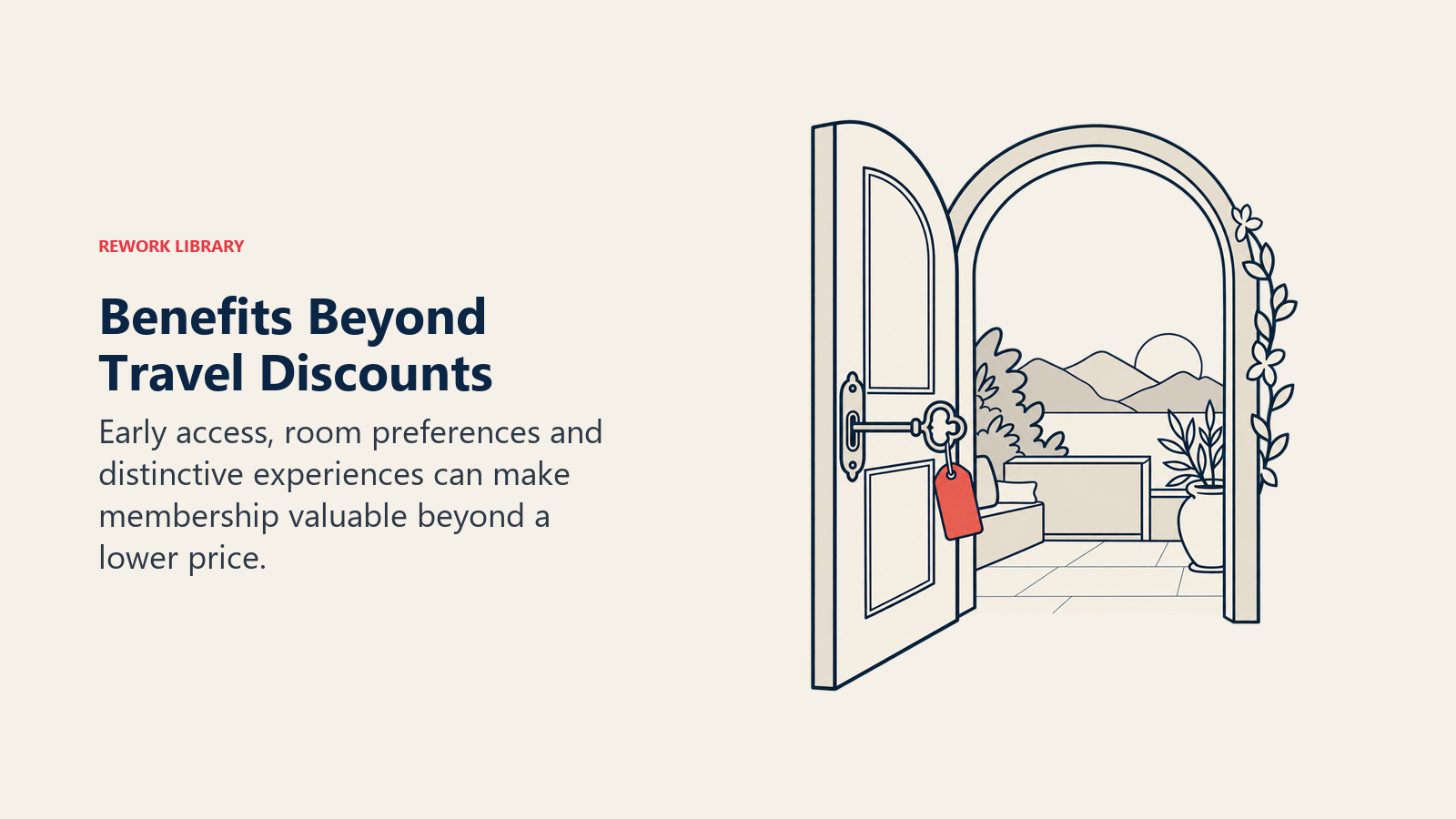 Benefits Beyond Travel Discounts illustrated by member key and doorway, showing membership value includes access and recognition instead of discounts alone.