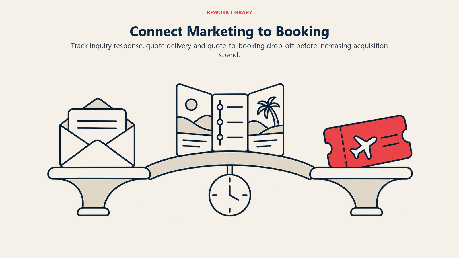Connect Marketing to Booking illustrated by three-span booking bridge, showing lead generation only pays off when the sales handoffs convert it into confirmed bookings.