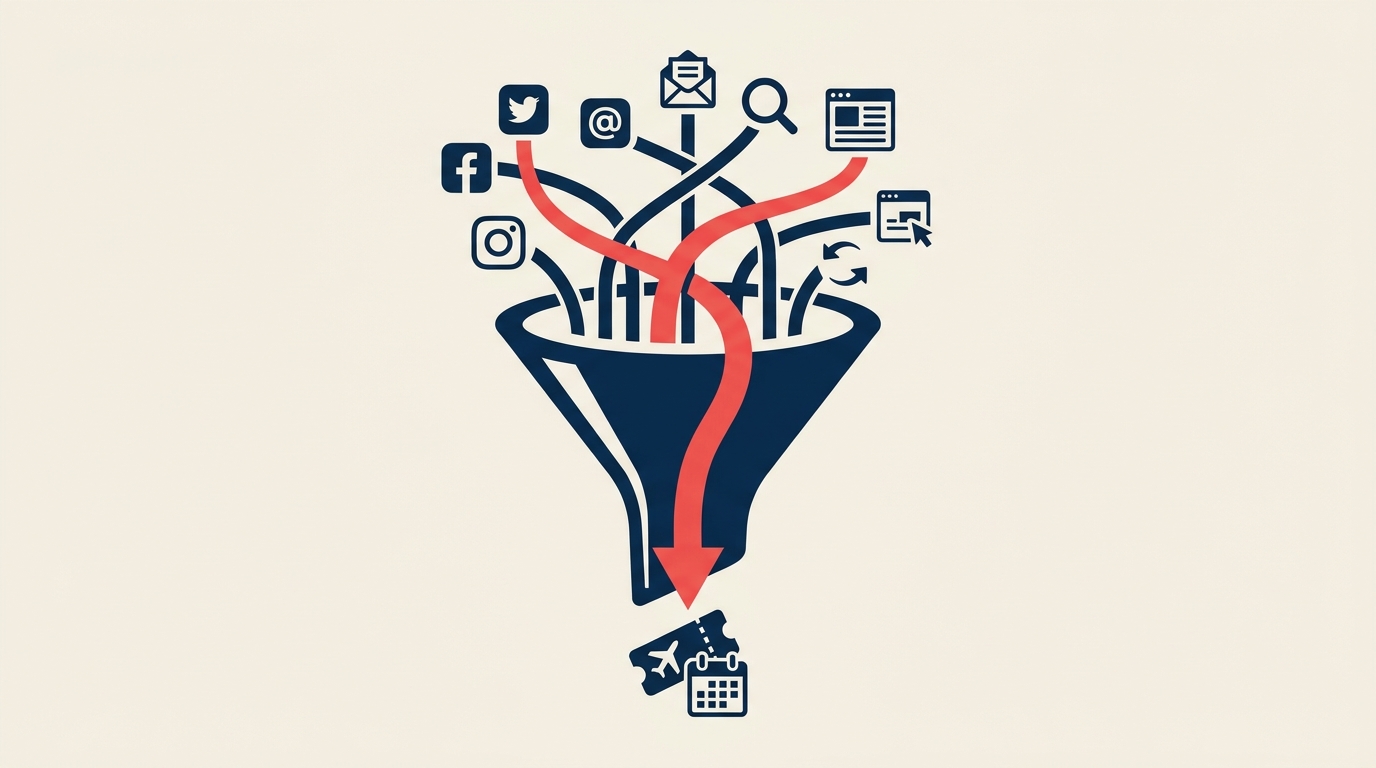 Travel marketing strategy framework showing digital and traditional channels