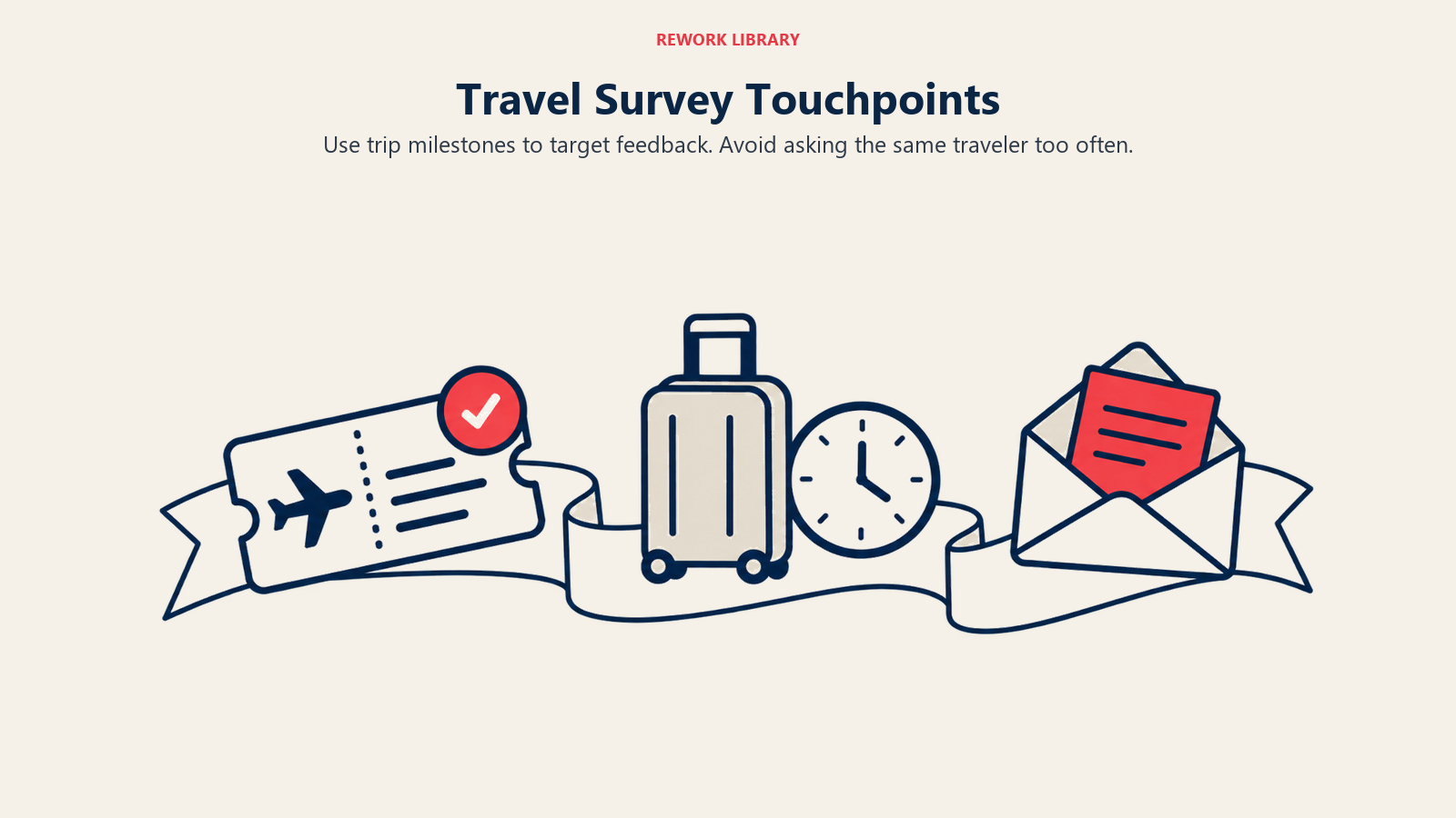 Booking ticket, departure suitcase and return-home survey envelope mark travel feedback touchpoints.
