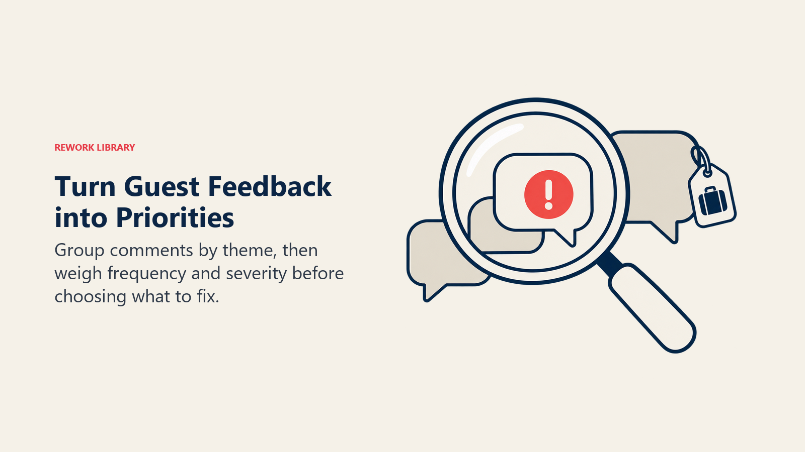 A lens highlights a recurring fault in travel guest comments to prioritize improvements.