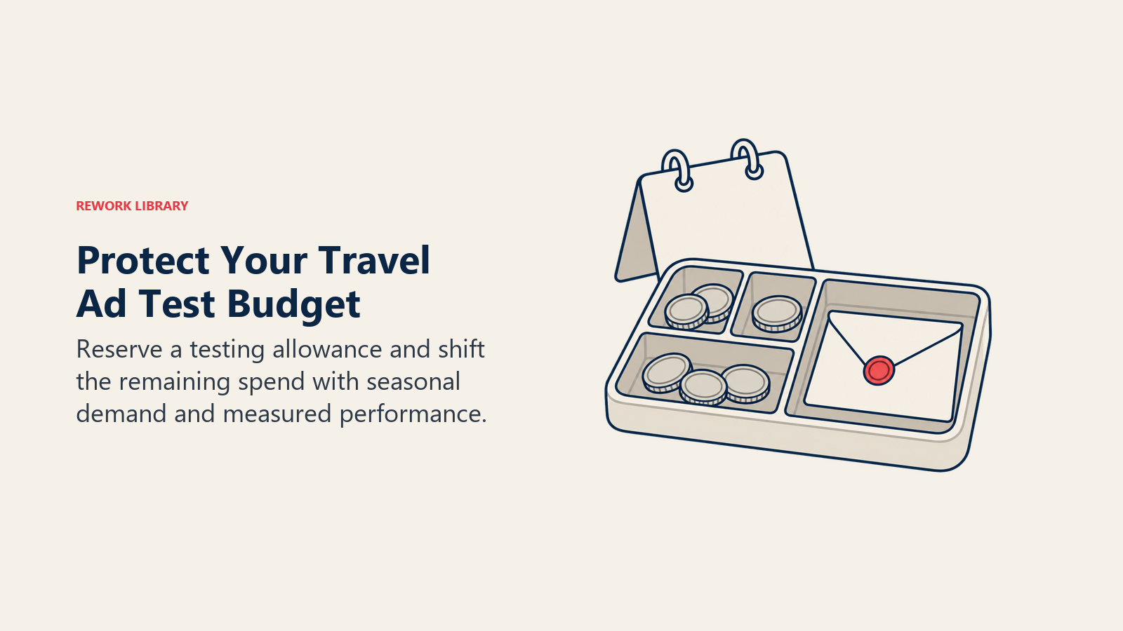 A sealed envelope separated from seasonal ad funds represents a protected travel advertising test budget.