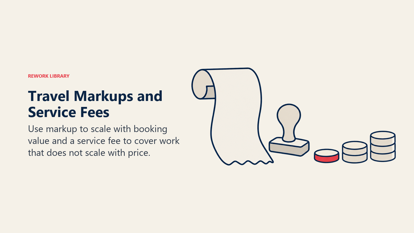 An invoice, service stamp and coin stack illustrate travel markup and fixed-fee compensation.