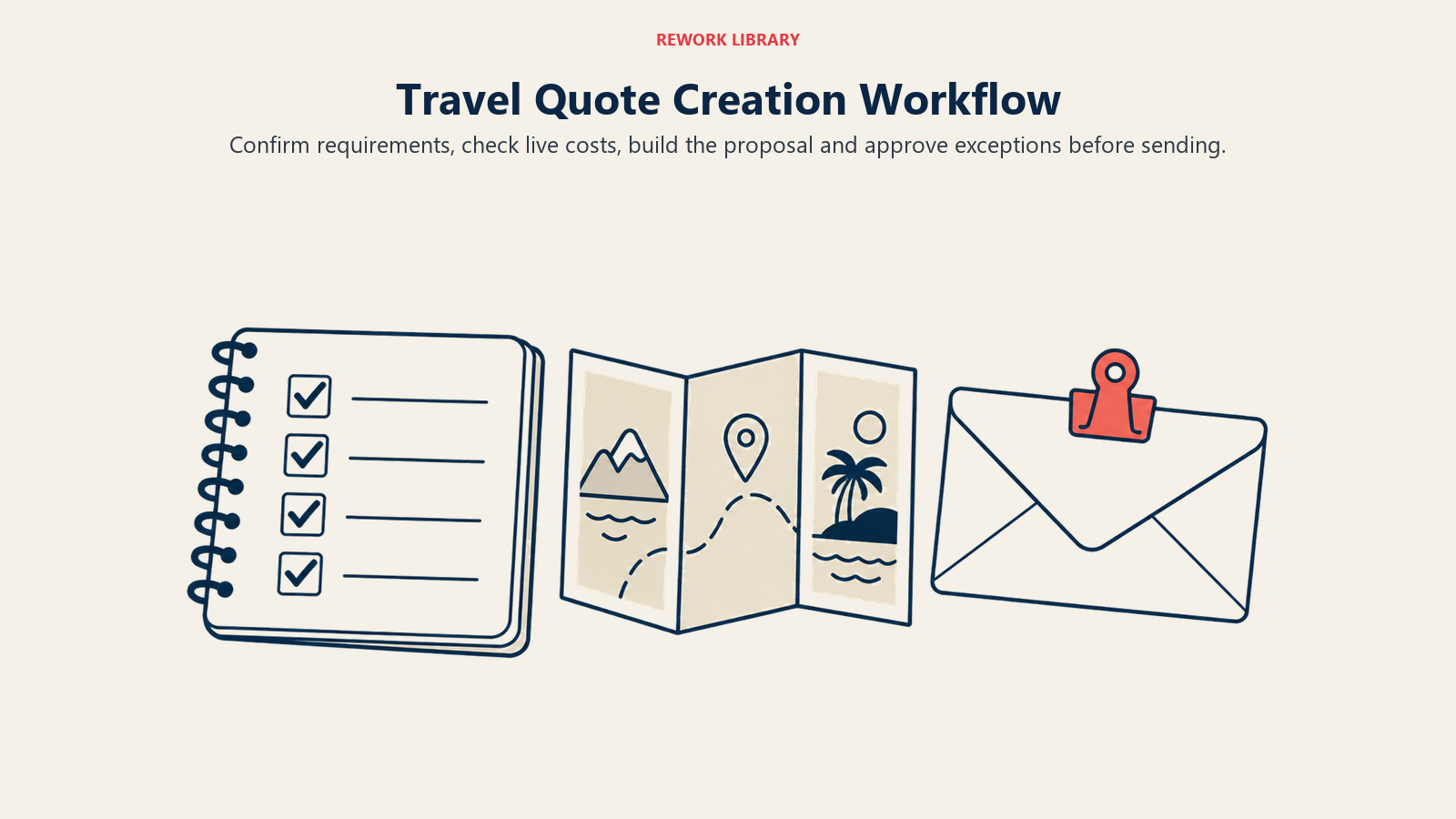 Requirements notes, a travel itinerary and an approval-clipped proposal show the quote creation workflow.