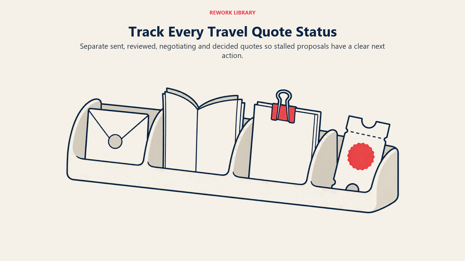 A four-slot sorter holds sent, reviewed, revised and confirmed travel proposals to show quote status.