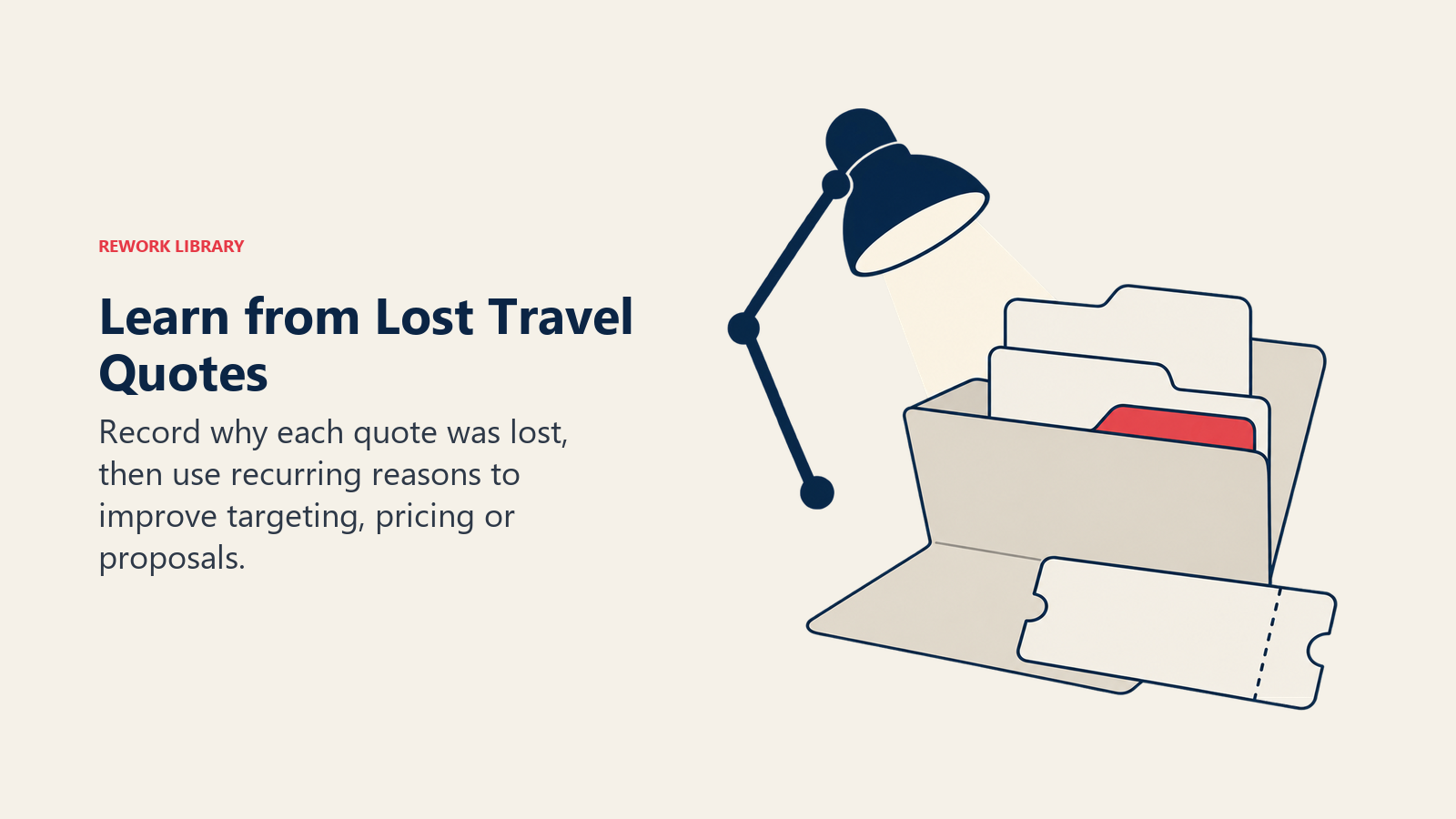 An inspection lamp highlights reason tabs in an unbooked proposal file for lost-quote analysis.