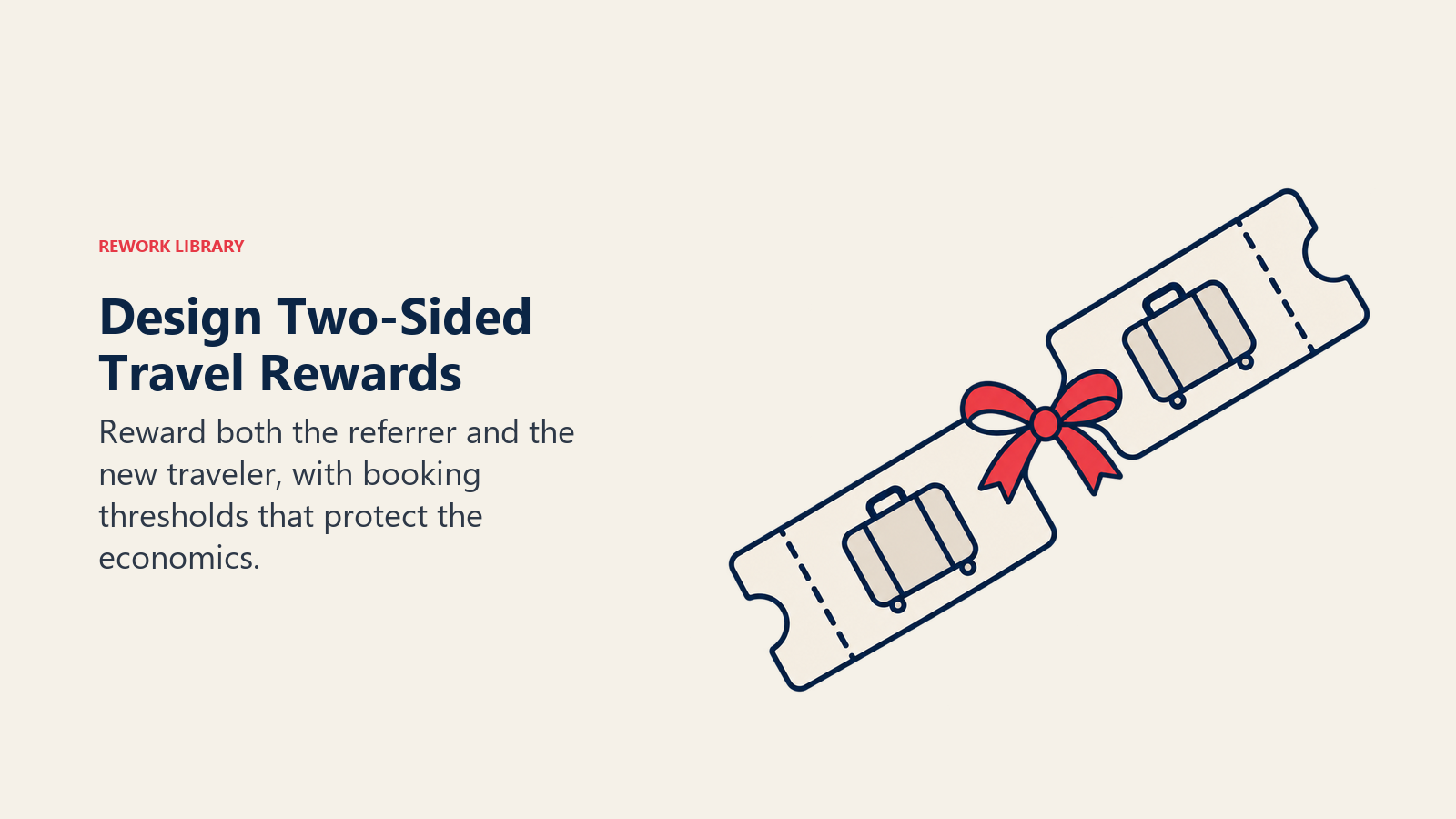 Two travel reward vouchers joined by a ribbon represent benefits for referrer and new traveler.