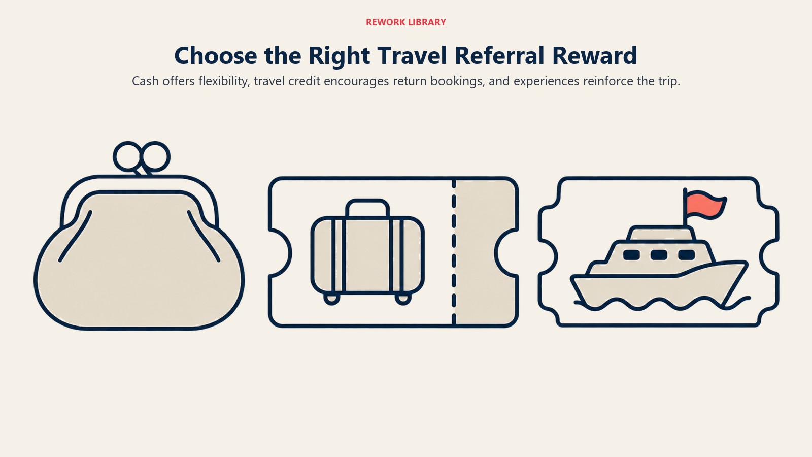 A coin purse, travel-credit voucher and excursion ticket show three travel referral incentive types.