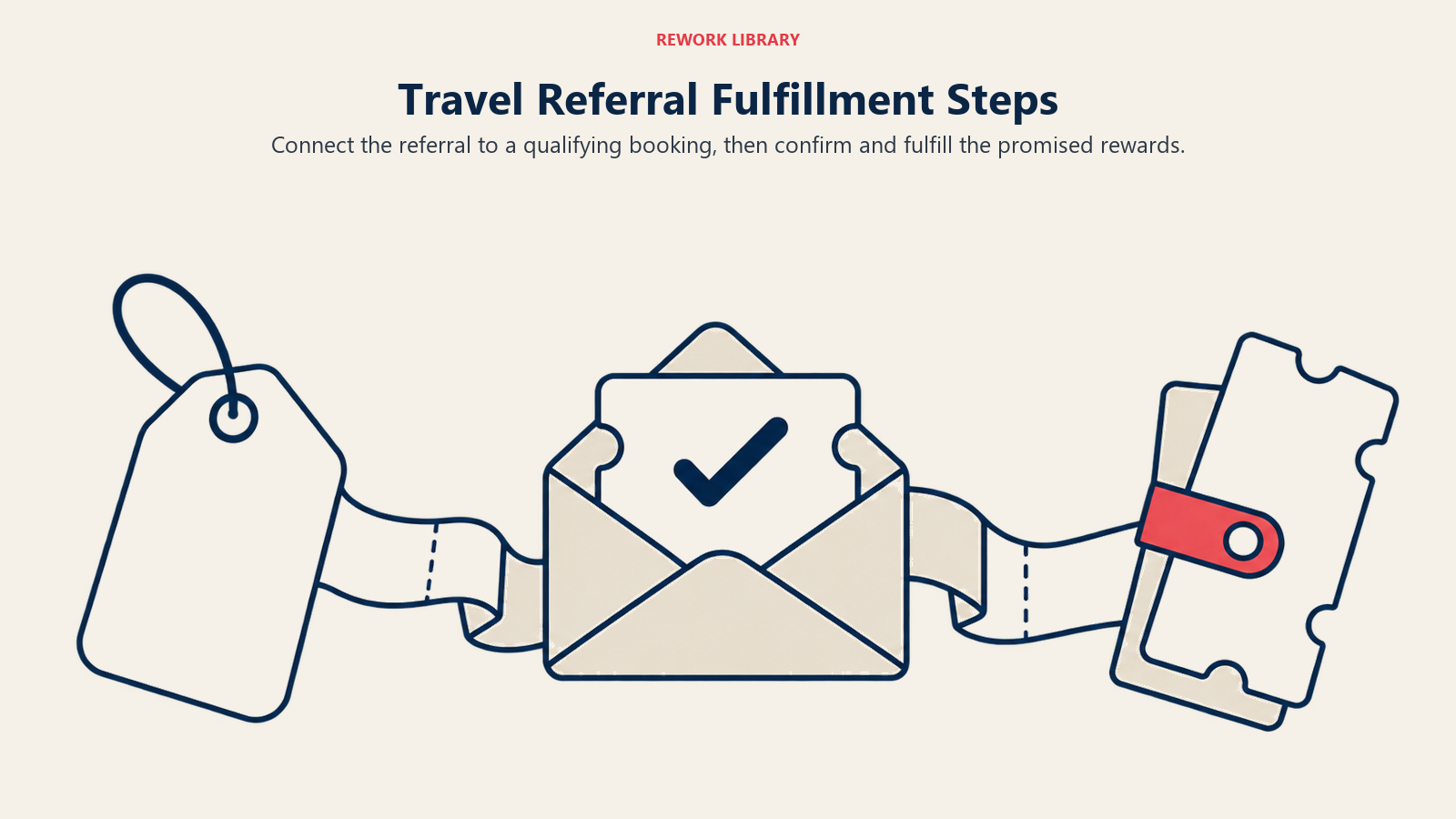 A referral tag, completed booking and paired reward vouchers show referral attribution and fulfillment.