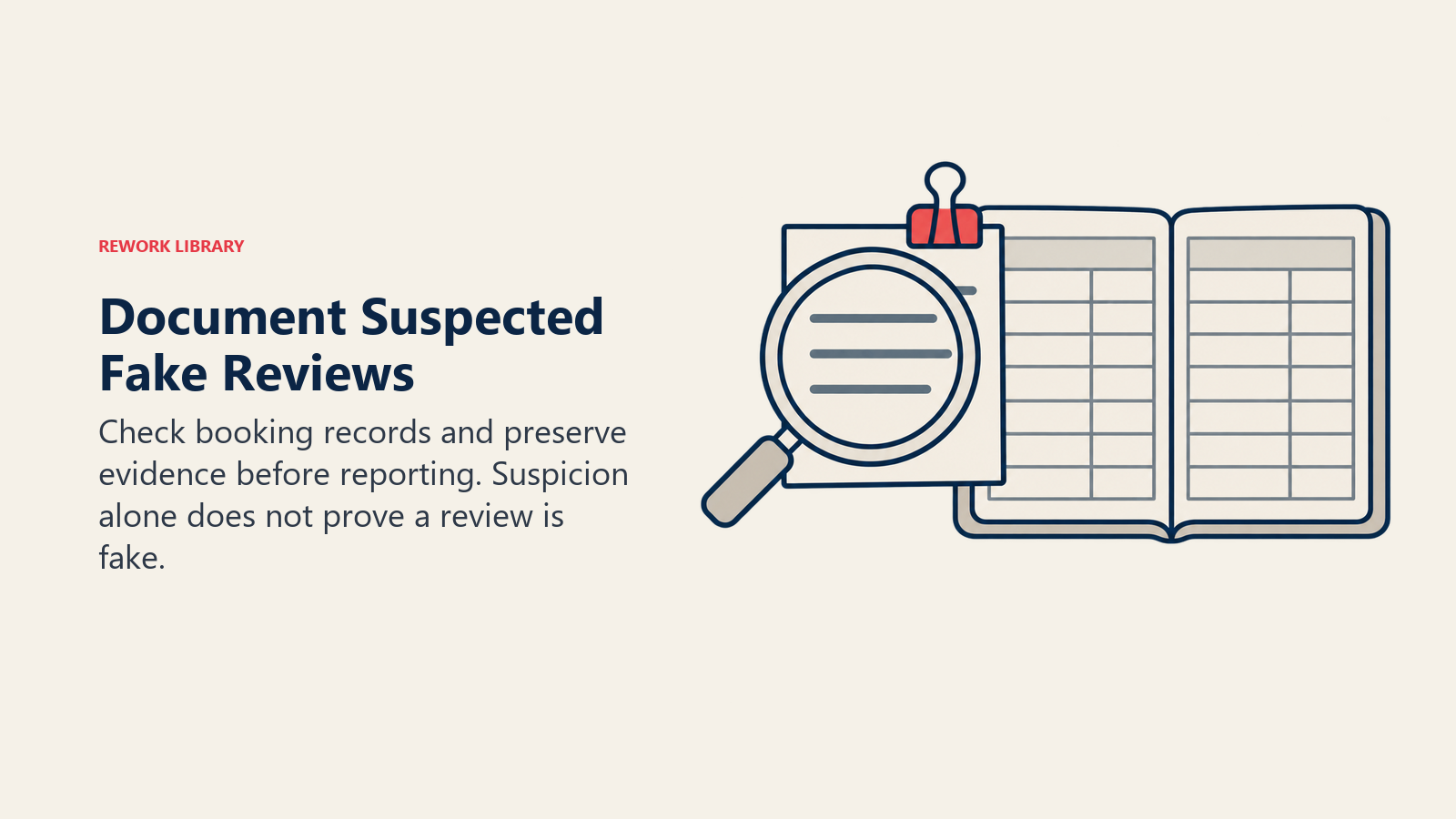 A review slip checked against a booking register illustrates documenting evidence of a suspected fake review.